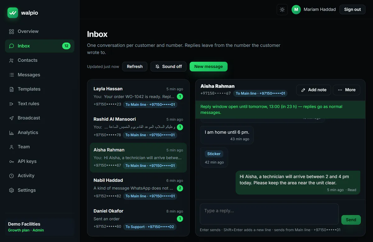 The walpio dashboard’s Inbox: a list of customer conversations beside an open conversation with a customer, a note that the reply window is open for 23 more hours, and a reply box.