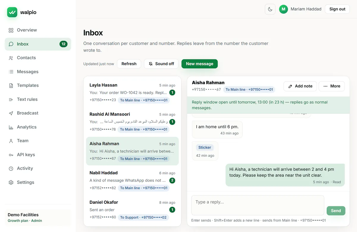 The walpio dashboard’s Inbox: a list of customer conversations beside an open conversation with a customer, a note that the reply window is open for 23 more hours, and a reply box.
