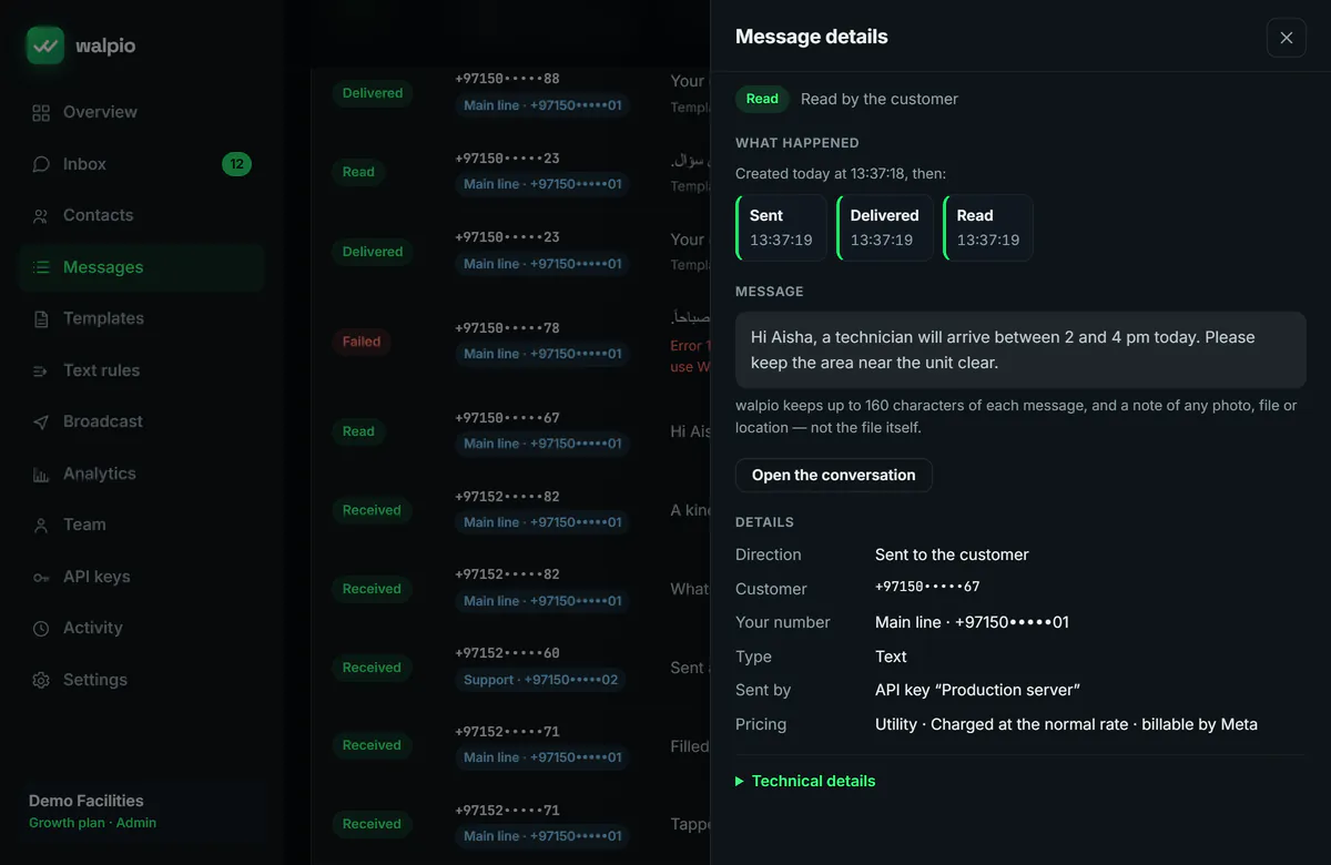 A message’s details in the dashboard: the times it was sent, delivered and read, the message text, the sending number, the API key that sent it and Meta’s pricing category.